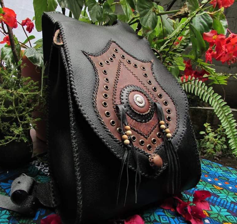 Handmade black leather backpack