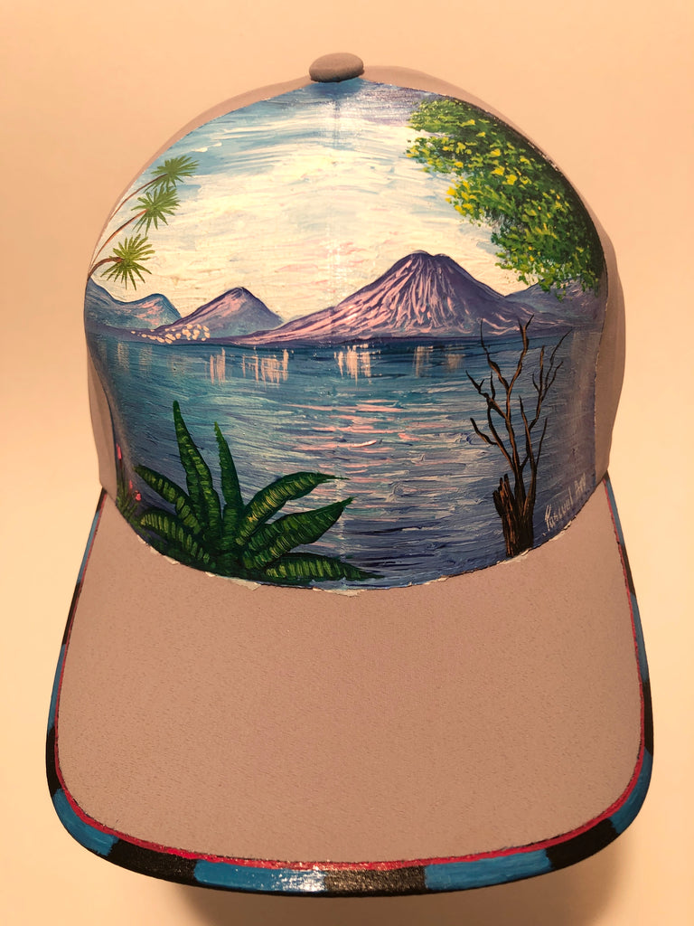Morning lake view painted hat
